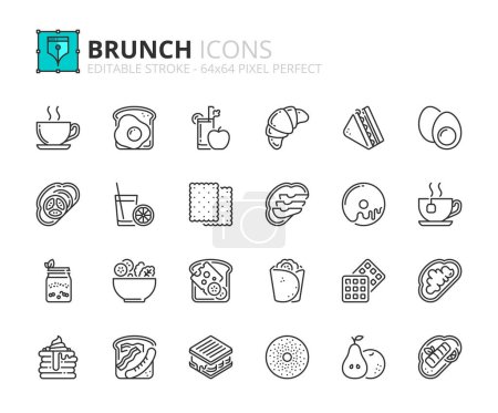 Téléchargez les illustrations : Icônes de ligne sur brunch. Contient des icônes telles que les fruits, yogur, pain grillé, café, salade, sandwich et crêpes. Course modifiable vecteur 64x64 pixel parfait - en licence libre de droit