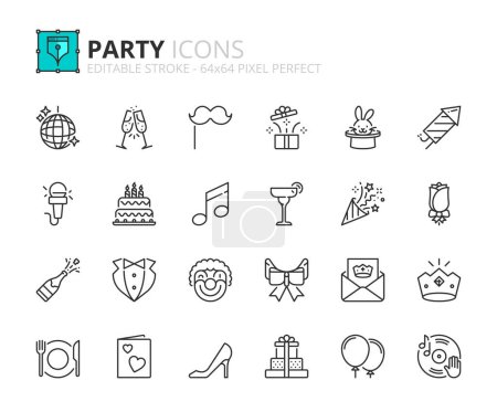 Illustration for Line icons  about party. Contains such icons as supplies, decoration, disco ball, gifts and invitations. Editable stroke Vector 64x64 pixel perfect - Royalty Free Image