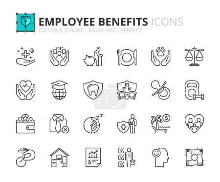 Ilustración de Iconos de línea sobre beneficios para empleados. Contiene iconos como seguro de salud, responsabilidad social, planificación de la jubilación y bonos. Carrera editable Vector 64x64 pixel perfecto - Imagen libre de derechos