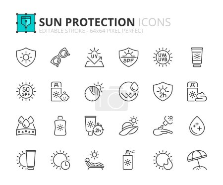 Téléchargez les illustrations : Icônes de ligne sur la protection solaire. Contient des icônes telles que des lunettes de soleil, FPS, crème solaire et soins de la peau. Course modifiable vecteur 64x64 pixel parfait - en licence libre de droit