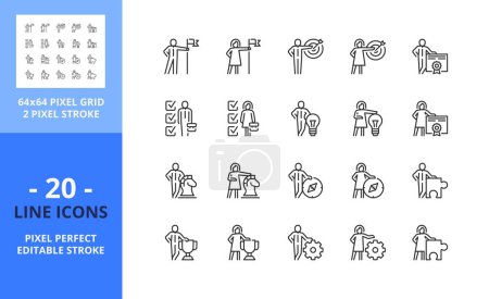 Illustration for Line icons about businessman and businesswoman. Contains such icons as creativity, achievements, strategy and goals. Editable stroke. Vector - 64 pixel perfect grid - Royalty Free Image