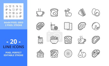 Illustration for Line icons about brunch. Contains such icons as fruit, yogur, toast, coffee, salad, sandwich and pancakes. Editable stroke. Vector - 64 pixel perfect grid - Royalty Free Image
