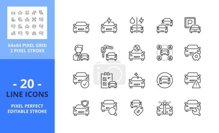 Téléchargez les illustrations : Icônes de ligne sur le concessionnaire automobile. Contient des icônes telles que la vente, la location, les comparatifs, les caractéristiques du véhicule et l'entretien. Course modifiable. Vecteur - grille parfaite de 64 pixels - en licence libre de droit