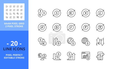 Illustration for Line icons about currency exchange. Contains such icons as track exchange rate, dollar, euro, yen and pound symbol. Editable stroke. Vector - 64 pixel perfect grid - Royalty Free Image