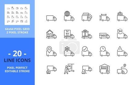 Illustration for Line icons about delivery truck. Contains such icons as logistics services, shipping incident, loading and unloading. Editable stroke. Vector - 64 pixel perfect grid - Royalty Free Image