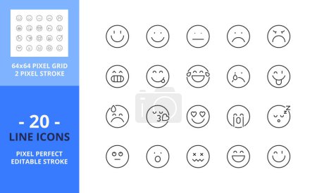 Ilustración de Iconos de línea sobre emoji. Contiene iconos como la expresión facial, la escala de satisfacción y las emociones sobre feliz, divertido, triste, enojado. Un derrame cerebral. Vector - 64 píxeles cuadrícula perfecta - Imagen libre de derechos