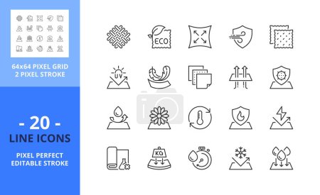 Illustration for Line icons about fabric features. Contains such icons as membrane, waterproof, windproof, elastic, breathable and resistence. Editable stroke. Vector - 64 pixel perfect grid - Royalty Free Image