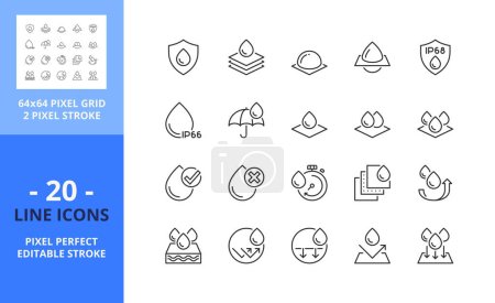 Illustration for Line icons about waterproof and absorbency. Contains such icons as water repellent, permeable, hydrophobic coating and absorbing levels.  Editable stroke. Vector - 64 pixel perfect grid - Royalty Free Image