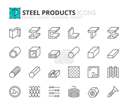 Téléchargez les illustrations : Icônes de ligne sur les produits en acier. Contient des icônes telles que l'acier laminé, poutres métalliques, tiges, fils et tuyaux. Course modifiable vecteur 64x64 pixel parfait - en licence libre de droit