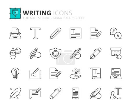 Illustration for Line icons about text. Contains such icons as writing, creativity, pencil and writer. Editable stroke Vector 64x64 pixel perfect - Royalty Free Image