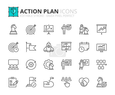 Ilustración de Iconos de línea sobre el plan de acción. Contiene iconos como estrategia de búsqueda, destino, esquema, línea de tiempo y flujo de trabajo. Carrera editable Vector 64x64 pixel perfecto - Imagen libre de derechos