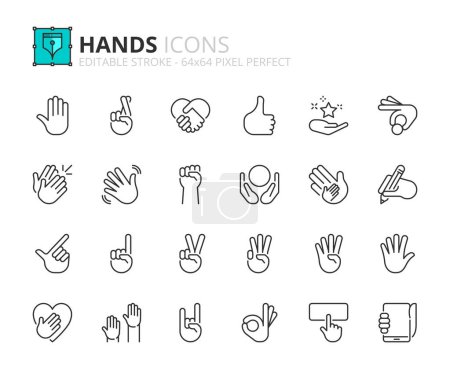 Téléchargez les illustrations : Icônes de ligne sur les gestes de la main. Contient des icônes telles que les doigts croisés, les applaudissements, les pointes, les ondulations, l'écriture et les nombres. Course modifiable vecteur 64x64 pixel parfait - en licence libre de droit
