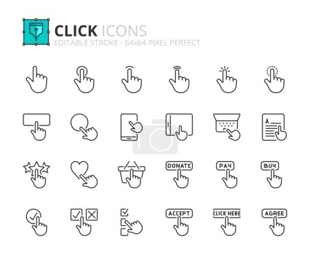 Téléchargez les illustrations : Icônes de ligne sur clic. Contient des icônes telles que la main avec des gestes, toucher, appuyer, toucher et pousser.. - en licence libre de droit