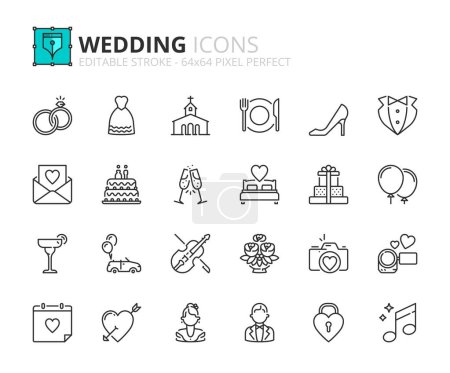 Line icons about wedding. Contains such icons as celebration, rings, bride drees, invitations and bouquet. Editable stroke Vector 64x64 pixel perfect