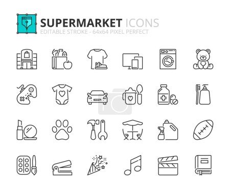 Illustration for Line icons about supermarket. Contains such icons as grocery, clothing, personal care, outdoors, home improvement and entertainment. Editable stroke Vector 64x64 pixel perfect - Royalty Free Image