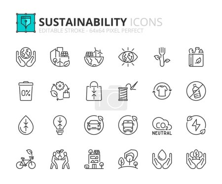 Téléchargez les illustrations : Icônes de ligne sur la durabilité. Contient des icônes telles que le bâtiment de l'efficacité, ville verte, énergie renouvelable et zéro déchet. Course modifiable vecteur 64x64 pixel parfait - en licence libre de droit