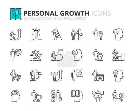 Ilustración de Iconos de línea sobre el crecimiento personal. Contiene iconos como motivación, liderazgo, éxito, opciones, metas y habilidades. Carrera editable Vector 64x64 pixel perfecto - Imagen libre de derechos