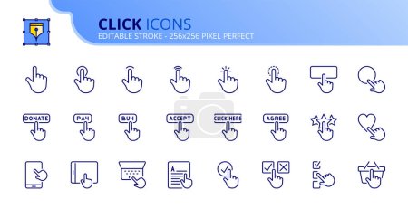 Téléchargez les illustrations : Icônes de ligne sur clic. Contient des icônes telles que la main avec des gestes, toucher, appuyer, taper et pousser. Course modifiable. Vecteur 256x256 pixel parfait. - en licence libre de droit