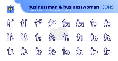 Illustration for Line icons about businessman and businesswoman. Contains such icons as creativity, achievements, strategy and goals. Editable stroke. Vector 256x256 pixel perfect. - Royalty Free Image