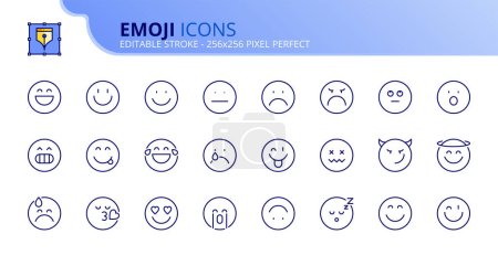 Zeilensymbole über Emojis. Enthält Symbole wie Mimik, Zufriedenheitsskala und Emotionen über glücklich, lustig, traurig, wütend. Essbarer Schlaganfall. Vektor 256x256 Pixel perfekt.