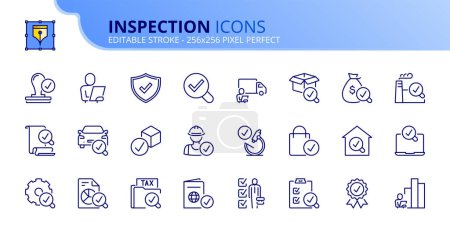 Téléchargez les illustrations : Icônes de ligne sur l'inspection. Contient des icônes telles que le contrôle de la qualité, la sécurité vérifiée, l'audit et l'analyse. Course modifiable. Vecteur 256x256 pixel parfait. - en licence libre de droit