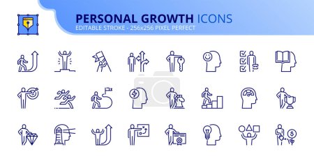 Illustration for Line icons about personal growth. Contains such icons as motivation, leadership, success, options, goals and skills. Editable stroke. Vector 256x256 pixel perfect. - Royalty Free Image