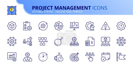 Illustration for Line icons about project management. Contains such icons as workflow, task, to do list, timeline and deadline. Editable stroke. Vector 256x256 pixel perfect. - Royalty Free Image