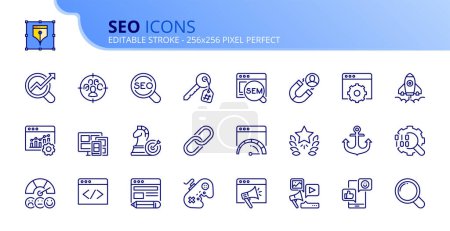 Illustration for Line icons about SEO. Contains such icons as search engine optimization, target, keywording and content development. Editable stroke. Vector 256x256 pixel perfect. - Royalty Free Image