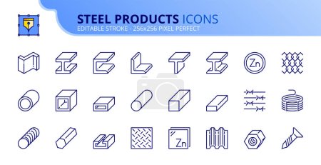 Illustration for Line icons steel products. Contains such icons as rolled steel, metal beams, rods, wire and pipes. Editable stroke. Vector 256x256 pixel perfect. - Royalty Free Image