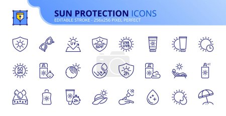 Iconos de línea sobre protección solar. Contiene iconos como gafas de sol, SPF, protector solar y cuidado de la piel. Un derrame cerebral. Vector 256x256 píxeles perfecto.