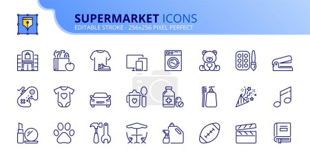 Téléchargez les illustrations : Icônes de ligne sur le supermarché. Contient des icônes telles que l'épicerie, les vêtements, les soins personnels, l'extérieur, l'amélioration de la maison et le divertissement. Course modifiable. Vecteur 256x256 pixel parfait. - en licence libre de droit
