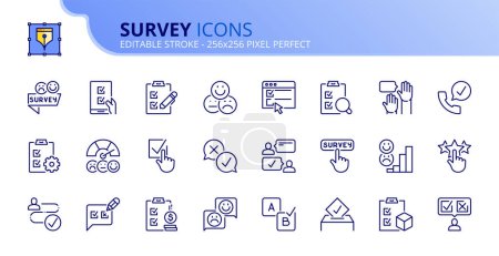 Illustration for Line icons about survey. Contains such icons as poll, data analysis, customers loyalty, feedback, and rating. Editable stroke. Vector 256x256 pixel perfect. - Royalty Free Image