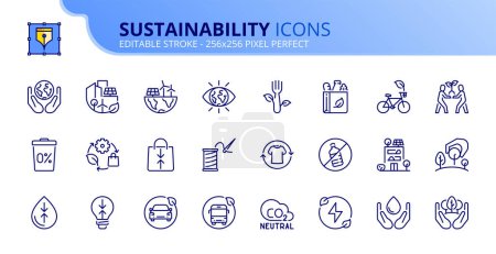 Liniensymbole über Nachhaltigkeit. Enthält Symbole wie Effizienzhaus, grüne Stadt, erneuerbare Energien und Null Abfall. Essbarer Schlaganfall. Vektor 256x256 Pixel perfekt.