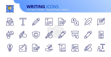 Illustration for Line icons  about text. Contains such icons as writing, creativity, pencil and writer. Editable stroke. Vector 256x256 pixel perfect. - Royalty Free Image