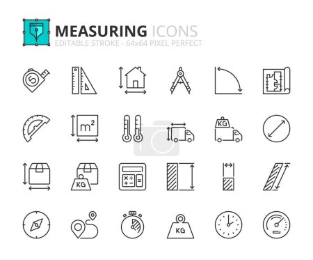 Illustration for Line icons  about measuring. Contains such icons as tape measure, capacity, weight, timer and distance. Editable stroke Vector 64x64 pixel perfect - Royalty Free Image