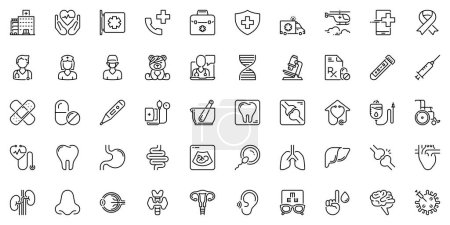 Illustration for Line icons about medicine and healthcare as hospital, pharmacy, insurance, emergency and medical specialties. Editable stroke and pixel perfect. - Royalty Free Image