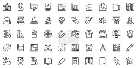 Illustration for Line icons about education as school, subjects and school supplies. Editable stroke and pixel perfect. - Royalty Free Image