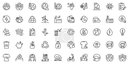 Illustration for Line icons about ecology as green energy, zero waste, environmental sustainability and climate action. Editable stroke and pixel perfect. - Royalty Free Image