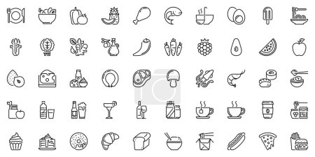 Illustration for Line icons about food and drink as fruits, vegetables, meat, seafood, carbohydrates, nuts, dairy products and beverages. Editable stroke and pixel perfect. - Royalty Free Image