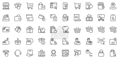 Illustration for Line icons about shopping and shipping as buy, store, payment method and delivery. Editable stroke and pixel perfect. - Royalty Free Image