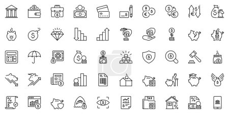 Line icons about finances as banking, money, investment, loan, payment method and stock exchange. Editable stroke and pixel perfect.