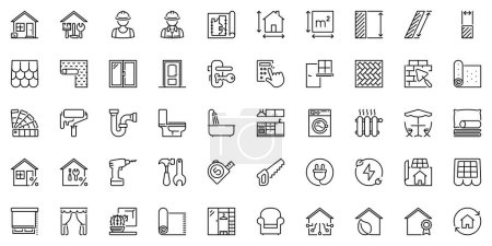 Illustration for Line icons about home renovation as comprehensive reforms, rehabilitation, construction, architecture and interior design. Editable stroke and pixel perfect. - Royalty Free Image