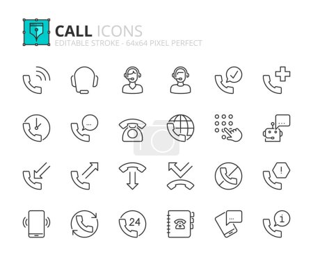 Iconos de línea sobre llamada. Contiene iconos tales como soporte, centro de llamadas, teléfono y hablar. Un derrame cerebral. Vector 256x256 píxeles perfecto.