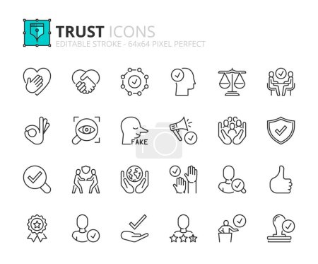 Téléchargez les illustrations : Icônes de ligne sur la confiance. Contient des icônes telles que l'honnêteté, l'engagement, l'intégrité et la transparence. Course modifiable. Vecteur 256x256 pixel parfait. - en licence libre de droit