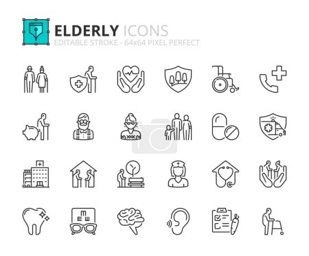Téléchargez les illustrations : Icônes de ligne sur les personnes âgées. Contient des icônes telles que les aînés, les soins de santé, la planification de la retraite et l'assurance. Course modifiable. Vecteur 256x256 pixel parfait. - en licence libre de droit