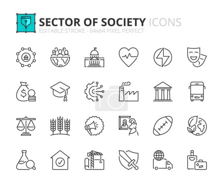Line icons about sector of society. Contains such icons as education, health care, transport, industry, finance, justice and agriculture. Editable stroke. Vector 64x64 pixel perfect.