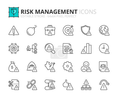 Ilustración de Line icons about risk management. Contains such icons as operational, reputacional, legal, compliance and financial risk. Editable stroke. Vector 64x64 pixel perfect. - Imagen libre de derechos