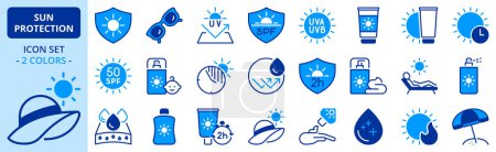Illustration for Icons in two colors about sun protection. Contains such icons as sunglasses, SPF, sunscreen and skin care. Editable stroke. - Royalty Free Image