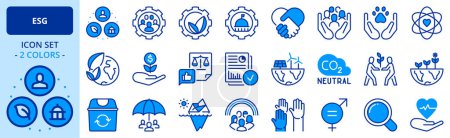 Icons in two colors about Environmental Social Governance. Contains such icons as climate crisis, sustainable development, diversity, human rights and responsible investment. Editable stroke