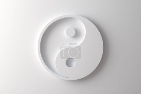Chinesisches Yin Yang Symbol auf weißem Hintergrund, Taoismus, Dualismus, religiöses Symbol, 3D Render, 3D Illustration
